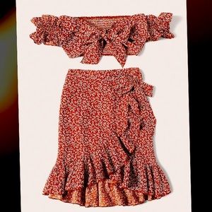 Red Ruffle print off the shoulder 2-piece Outfit